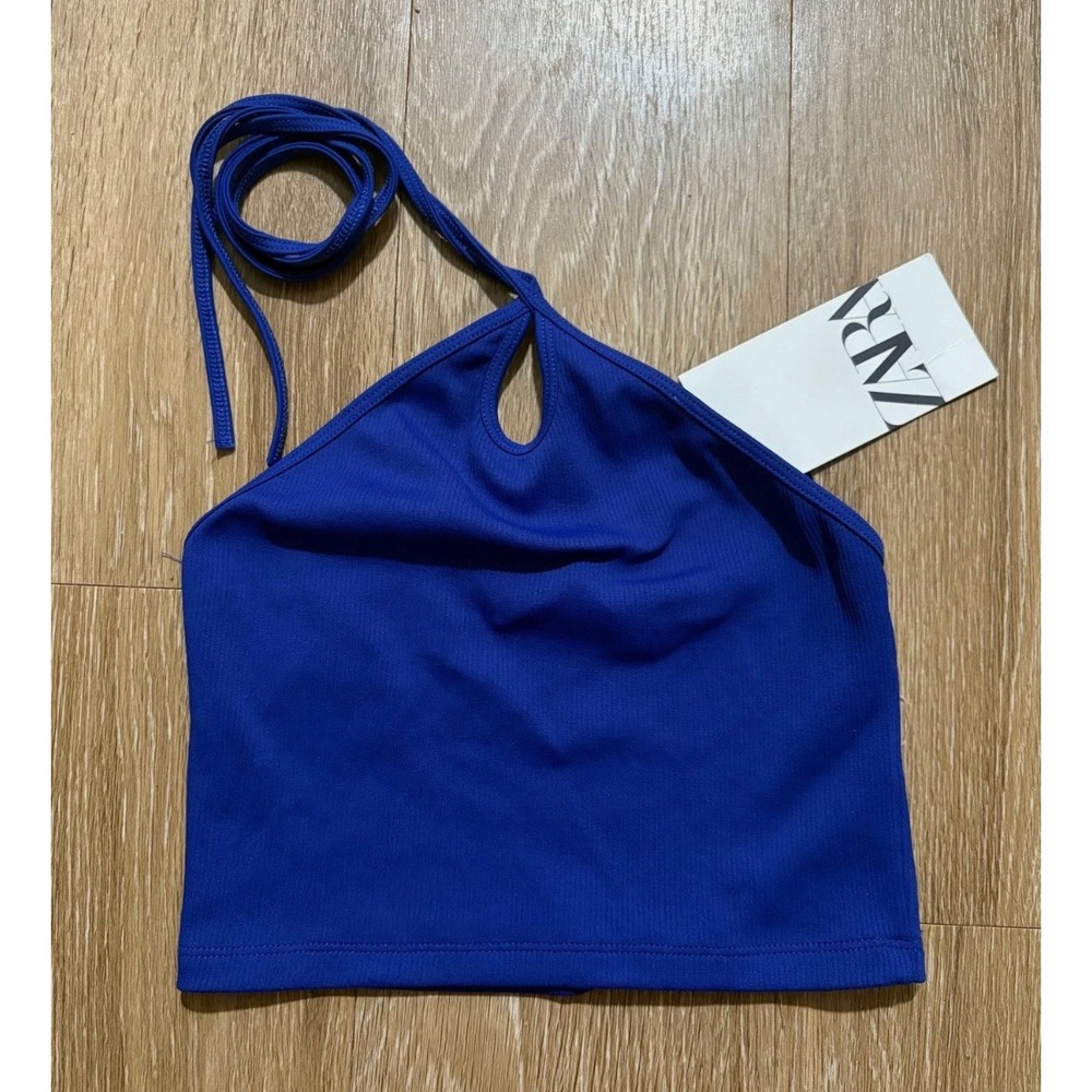 ZARA Royal Blue Asymmetric Halter Crop Top
